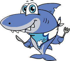 Blue shark with a hawaiian bandanna holding fork and knife